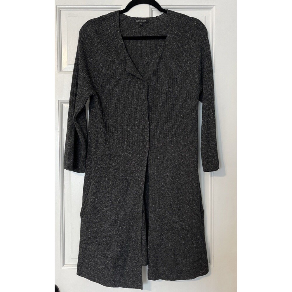Eileen Fisher Duster Cardigan Womens Medium Gray 100% Silk Snap Pockets Long